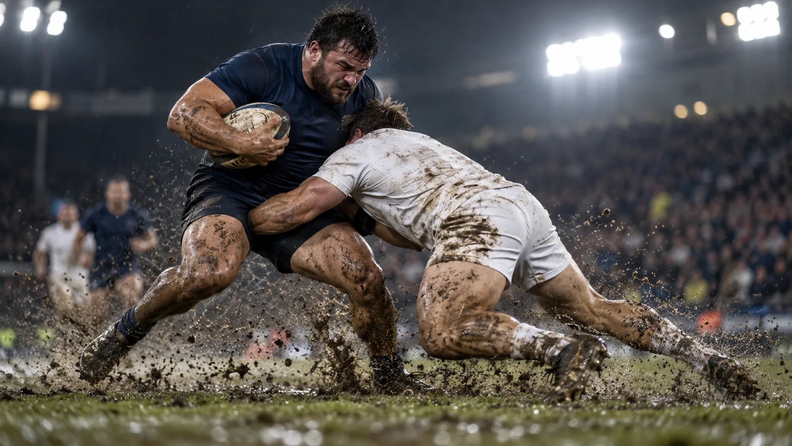 A ball carrier in a dark jersey is driven backwards by a tackler in white on a muddy pitch under floodlights, mud spraying from their boots.