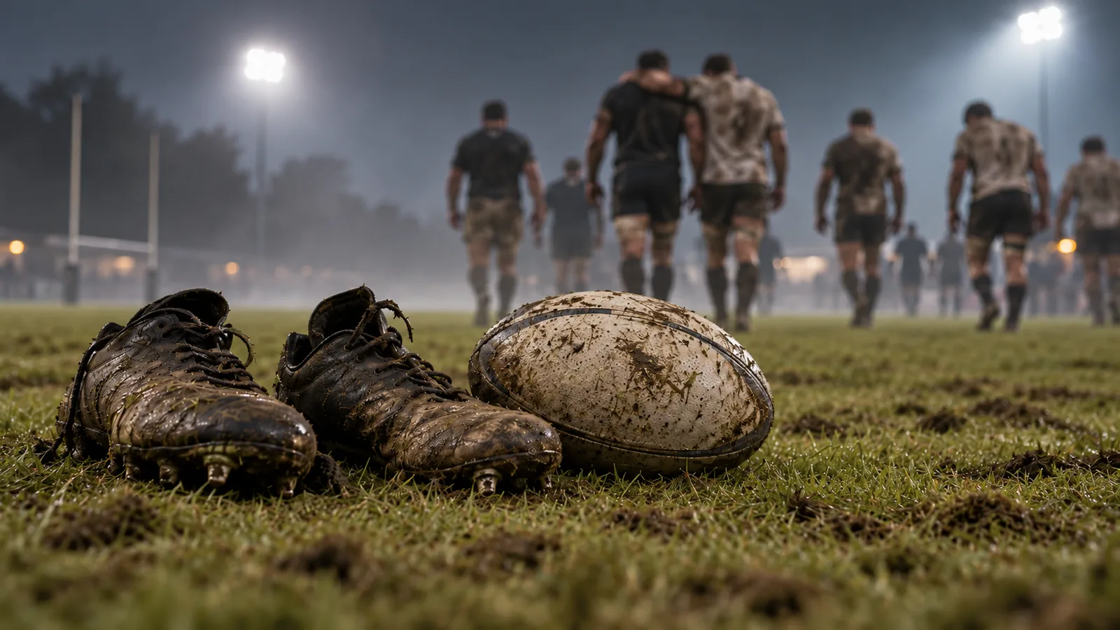 A pair of muddy boots and a muddy match ball on the grass at night, with players walking away across the pitch behind them.