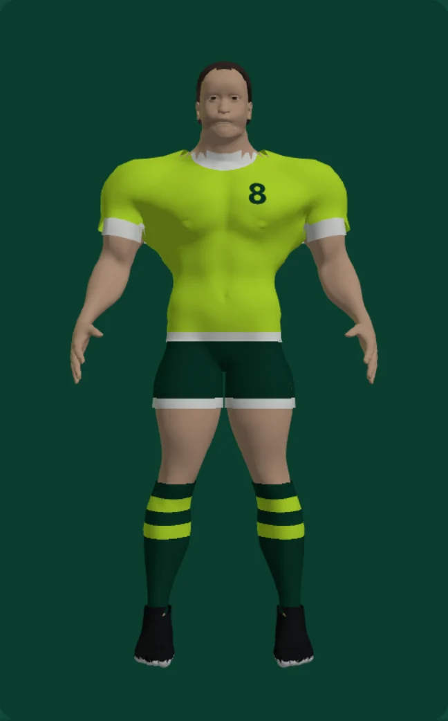 Two 3D players in team kit, head to boots: a man in a lime jersey and a woman in a purple jersey, each with a collar, a number, dark shorts, hooped socks and boots.