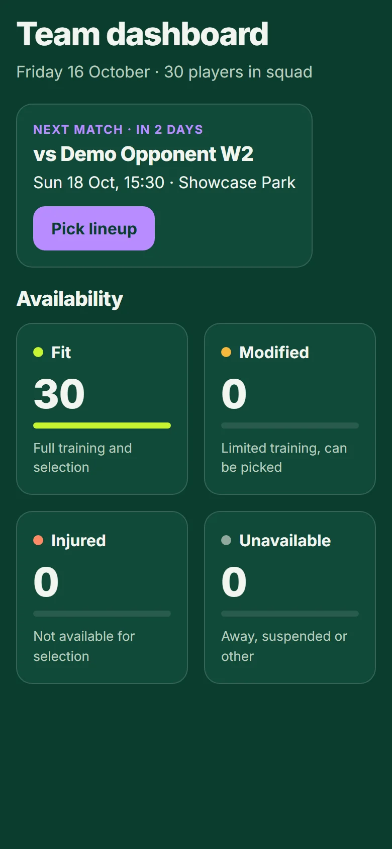 The Showcase Women XV dashboard on a phone: the next match and the four availability tiles.