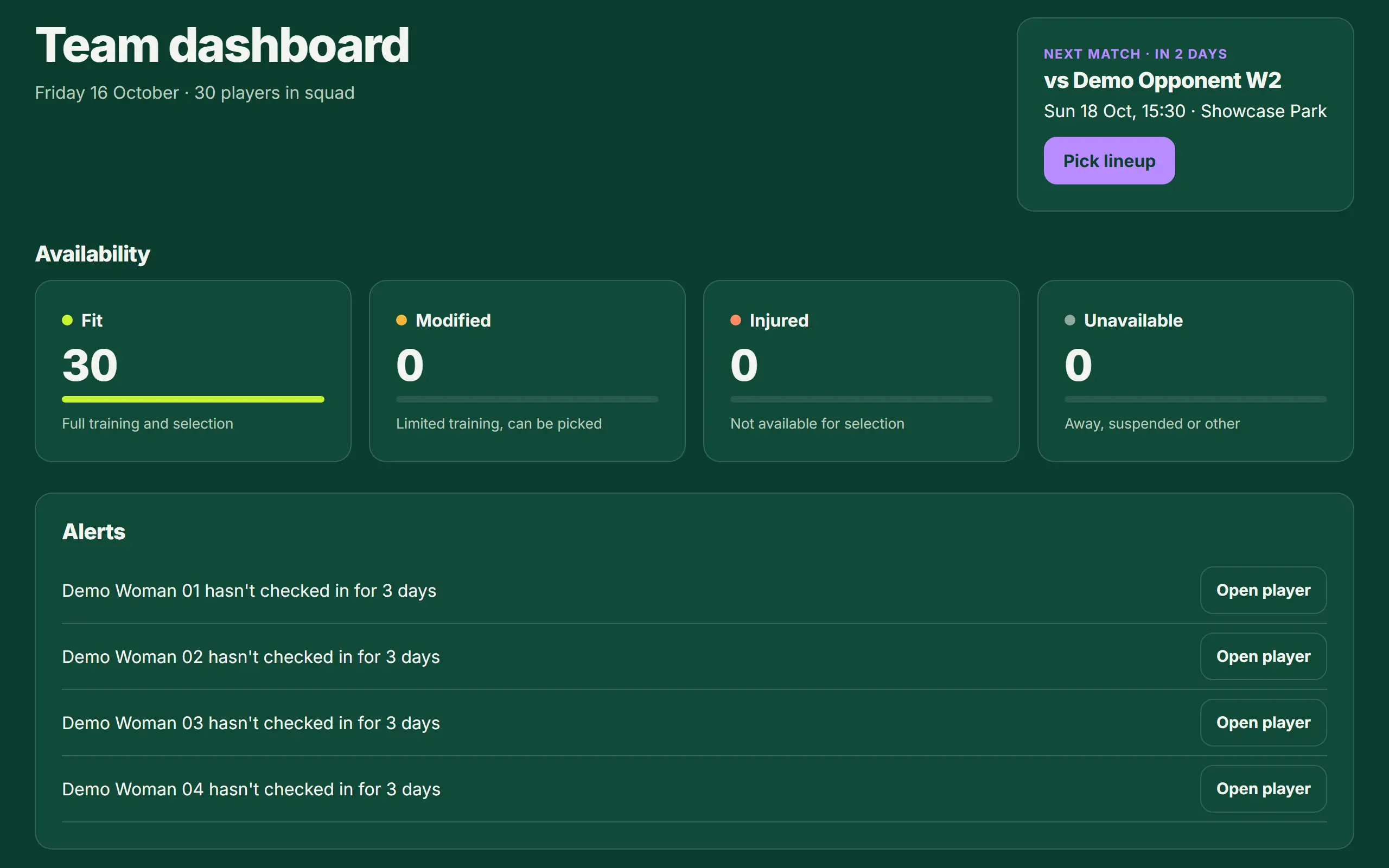 The team dashboard of the Showcase Women XV in the purple team colour: next match, availability and alerts.