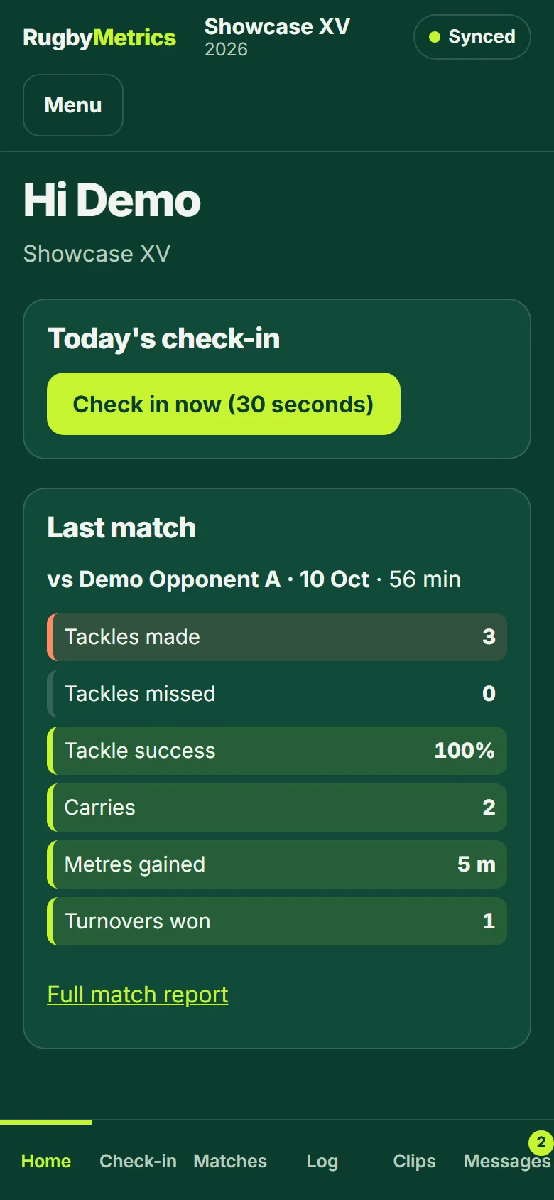 A player’s home screen on a phone: today’s check-in and the last match, with the player’s tackles, carries and metres.