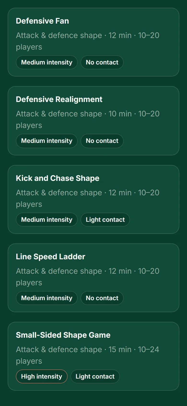 The drill library on a phone: search, filters and the first drills.