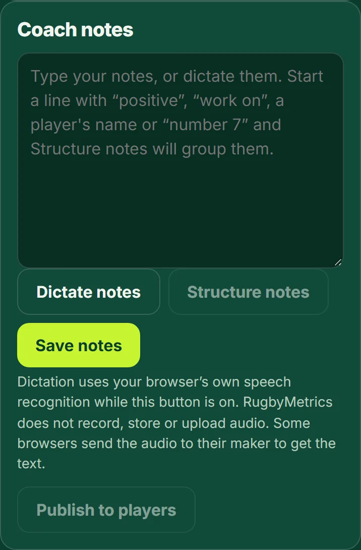 The match notes card with the dictate button.