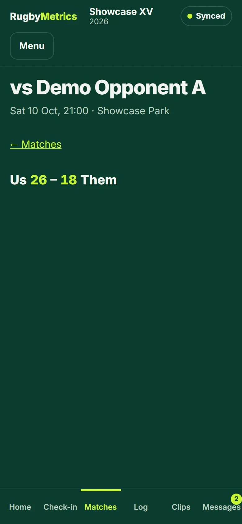 A player’s own match report in the player app: minutes, tackles, carries and metres, each marked against the player’s own average.