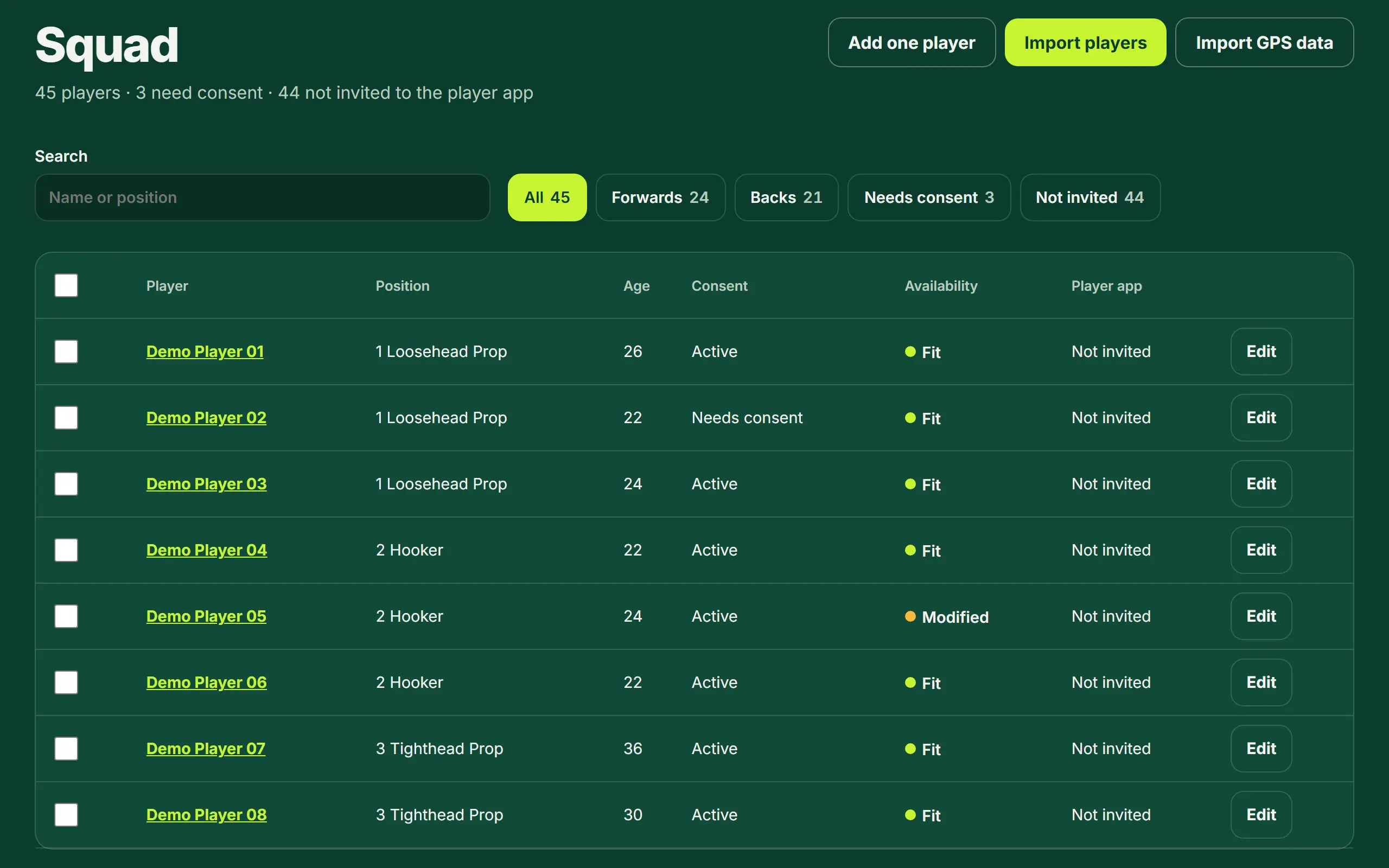 The squad list of the Showcase XV in the live demo.