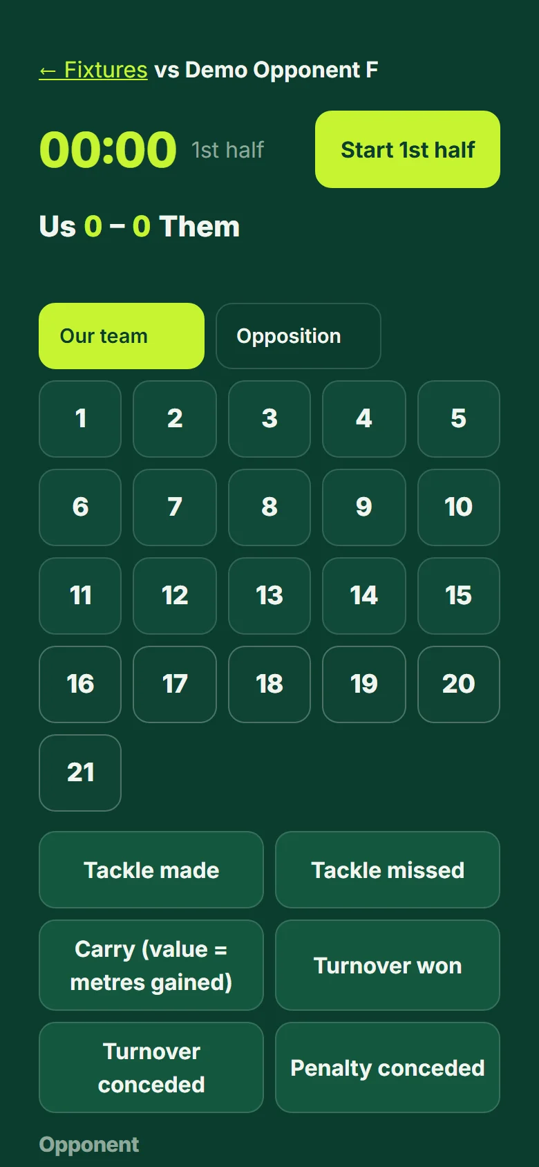 The sideline tagger on a phone: the match clock, the score, and a number pad for the player.
